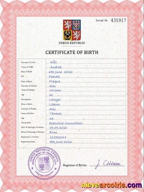 Czechia vital record birth certificate